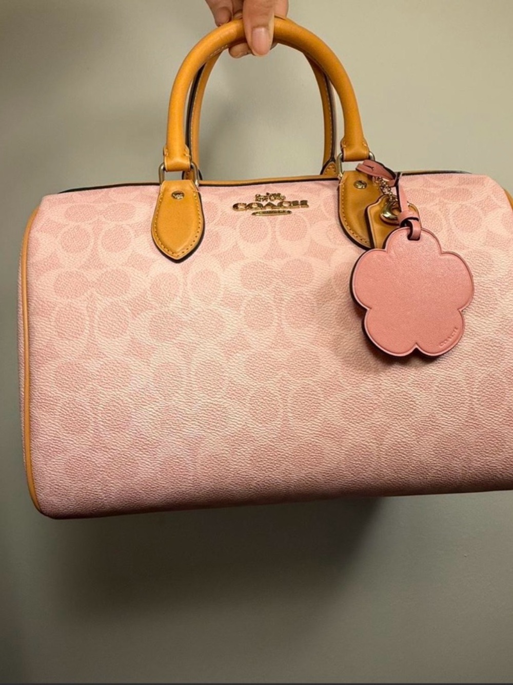 Coach Pink Signature Satchel with Tan Handles and Flower Charm
